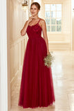Robe de demoiselle d’honneur longue bordeaux avec dentelle