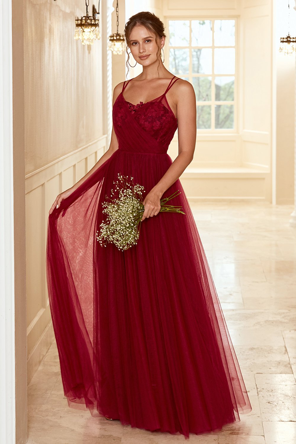 Robe de demoiselle d’honneur longue bordeaux avec dentelle