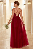 Robe de demoiselle d’honneur longue bordeaux avec dentelle