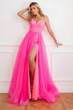 Deux pièces Spaghetti Straps Fuchsia Prom Robe avec Split Front