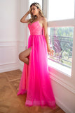 Deux pièces Spaghetti Straps Fuchsia Prom Robe avec Split Front