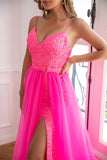 Deux pièces Spaghetti Straps Fuchsia Prom Robe avec Split Front