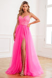 Deux pièces Spaghetti Straps Fuchsia Prom Robe avec Split Front