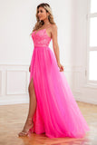 Deux pièces Spaghetti Straps Fuchsia Prom Robe avec Split Front