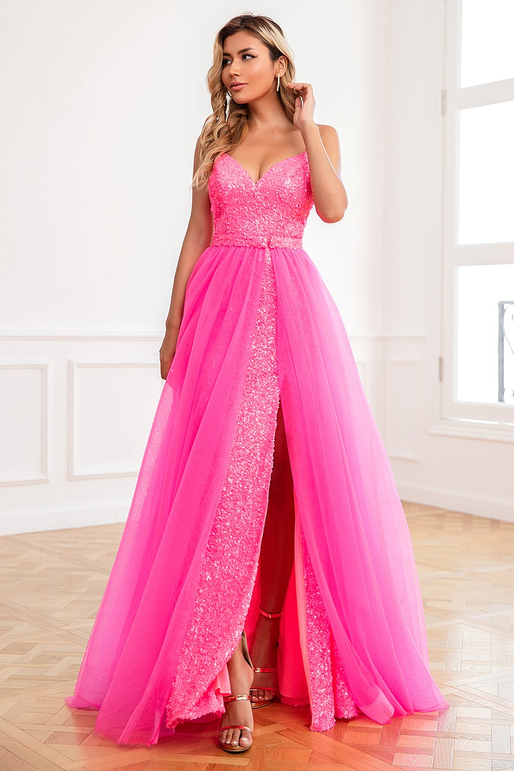 Deux pièces Spaghetti Straps Fuchsia Prom Robe avec Split Front