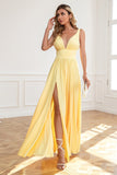 Classic A Line V Neck Yellow Long Prom Robe de bal avec front fendu