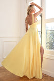 Classic A Line V Neck Yellow Long Prom Robe de bal avec front fendu