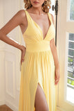 Classic A Line V Neck Yellow Long Prom Robe de bal avec front fendu