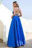 Robe de bal en satin sans dos bleu royal