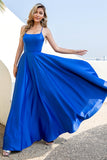 Robe de bal en satin sans dos bleu royal