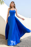 Robe de bal en satin sans dos bleu royal