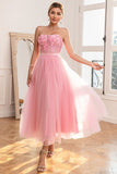 Magnifique robe de bal rose bustier A Line avec appliques