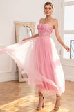 Magnifique robe de bal rose bustier A Line avec appliques