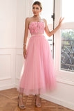 Magnifique robe de bal rose bustier A Line avec appliques