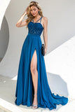 Robe de bal Spaghetti Bleue Avec Dentelle