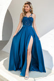Robe de bal Spaghetti Bleue Avec Dentelle