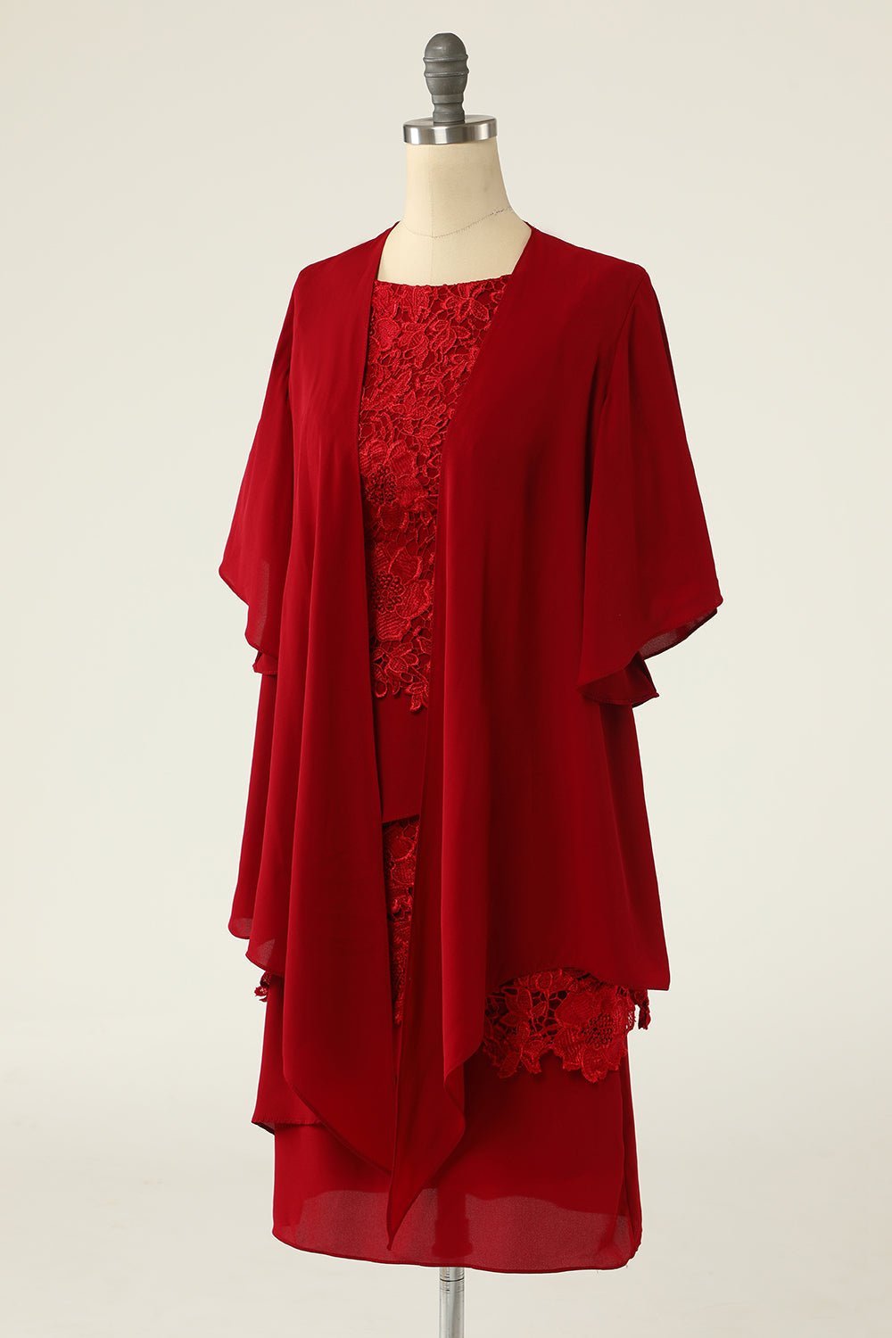 Robe de mère de la mariée deux pièces rouge foncé avec dentelle