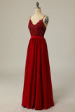 Robe de bal longue bordeaux avec dentelle perlée