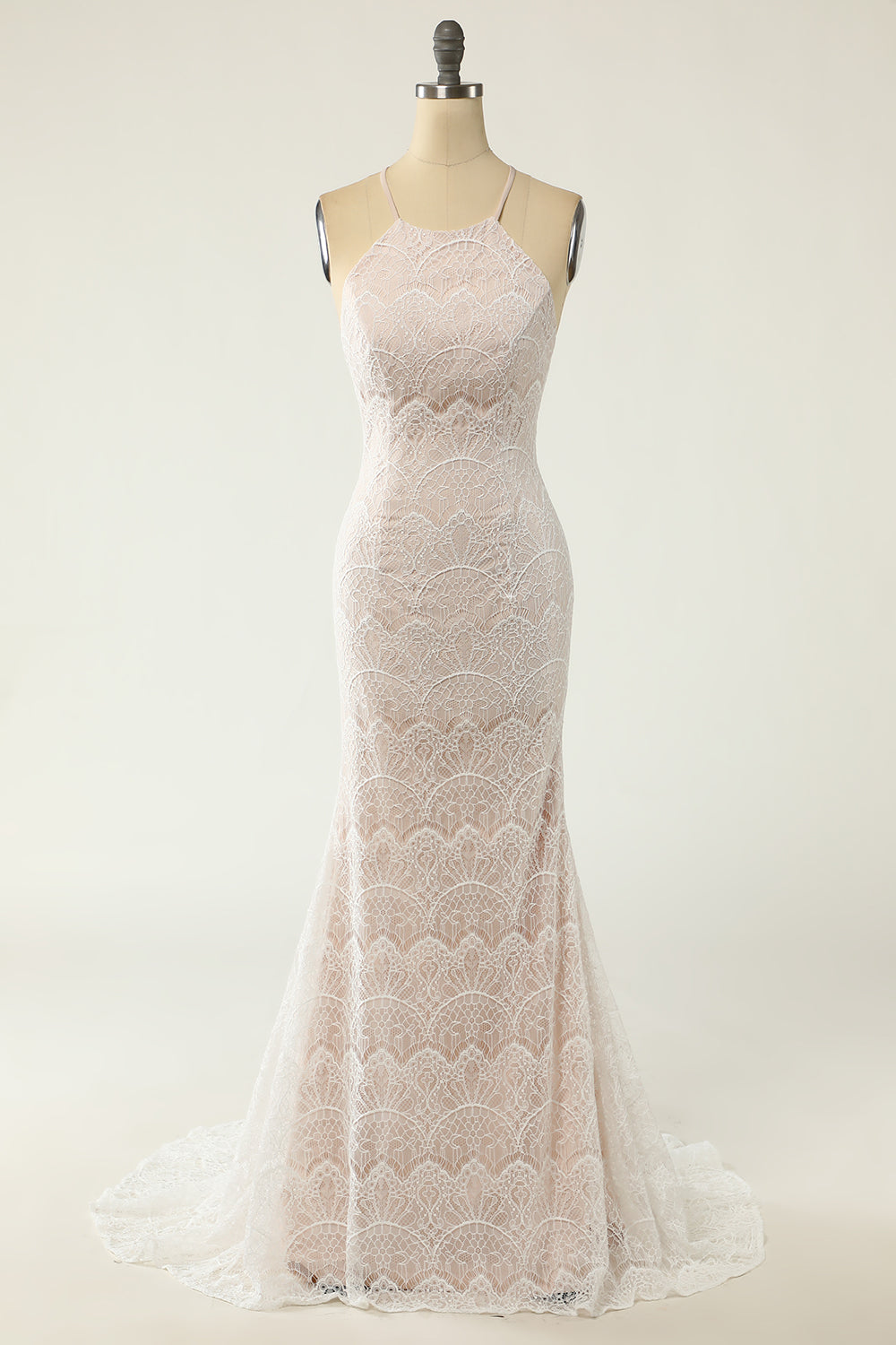 Mermaid Halter Robe de mariée en dentelle blanche avec sweep train