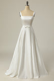 Simple A Line Col Carré Blanc Longue Robe de Mariée