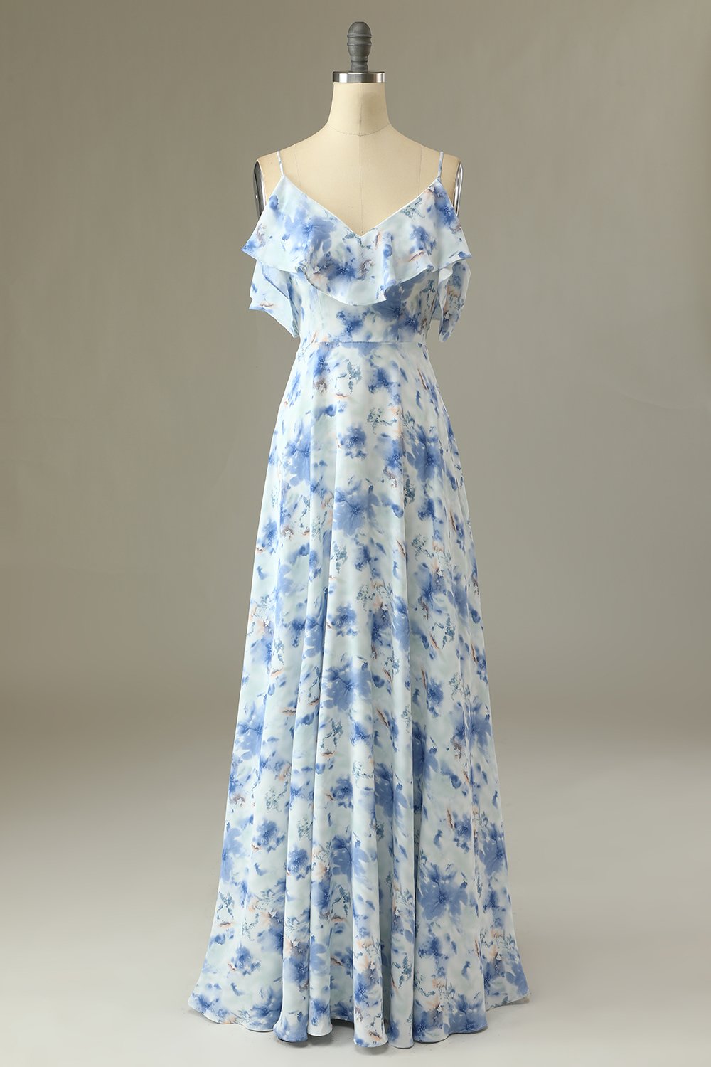 Une ligne sur l’épaule bleu imprimé floral longue robe de demoiselle d’honneur