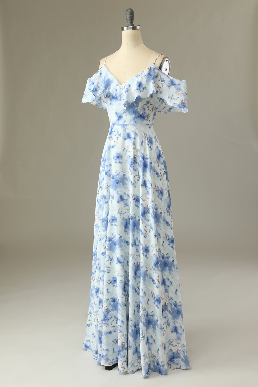 Une ligne sur l’épaule bleu imprimé floral longue robe de demoiselle d’honneur