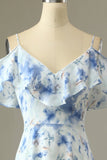 Une ligne sur l’épaule bleu imprimé floral longue robe de demoiselle d’honneur