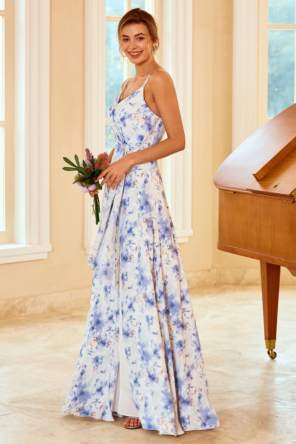 Spaghetti Straps Blue Floral Print Robe de demoiselle d’honneur
