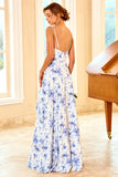 Spaghetti Straps Blue Floral Print Robe de demoiselle d’honneur