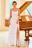 Une ligne Spaghetti Straps Purple Flower Printed Bridesmaid Dress