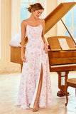 Une ligne Spaghetti Straps Purple Flower Printed Bridesmaid Dress
