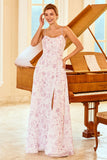 Une ligne Spaghetti Straps Purple Flower Printed Bridesmaid Dress