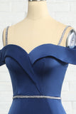 Mermaid Off the Shoulder Navy Robe de demoiselle d’honneur avec perles
