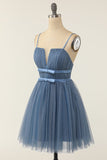 Une ligne Bretelles Spaghetti Robe De Cocktail Courte Bleu Gris