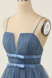 Une ligne Bretelles Spaghetti Robe De Cocktail Courte Bleu Gris
