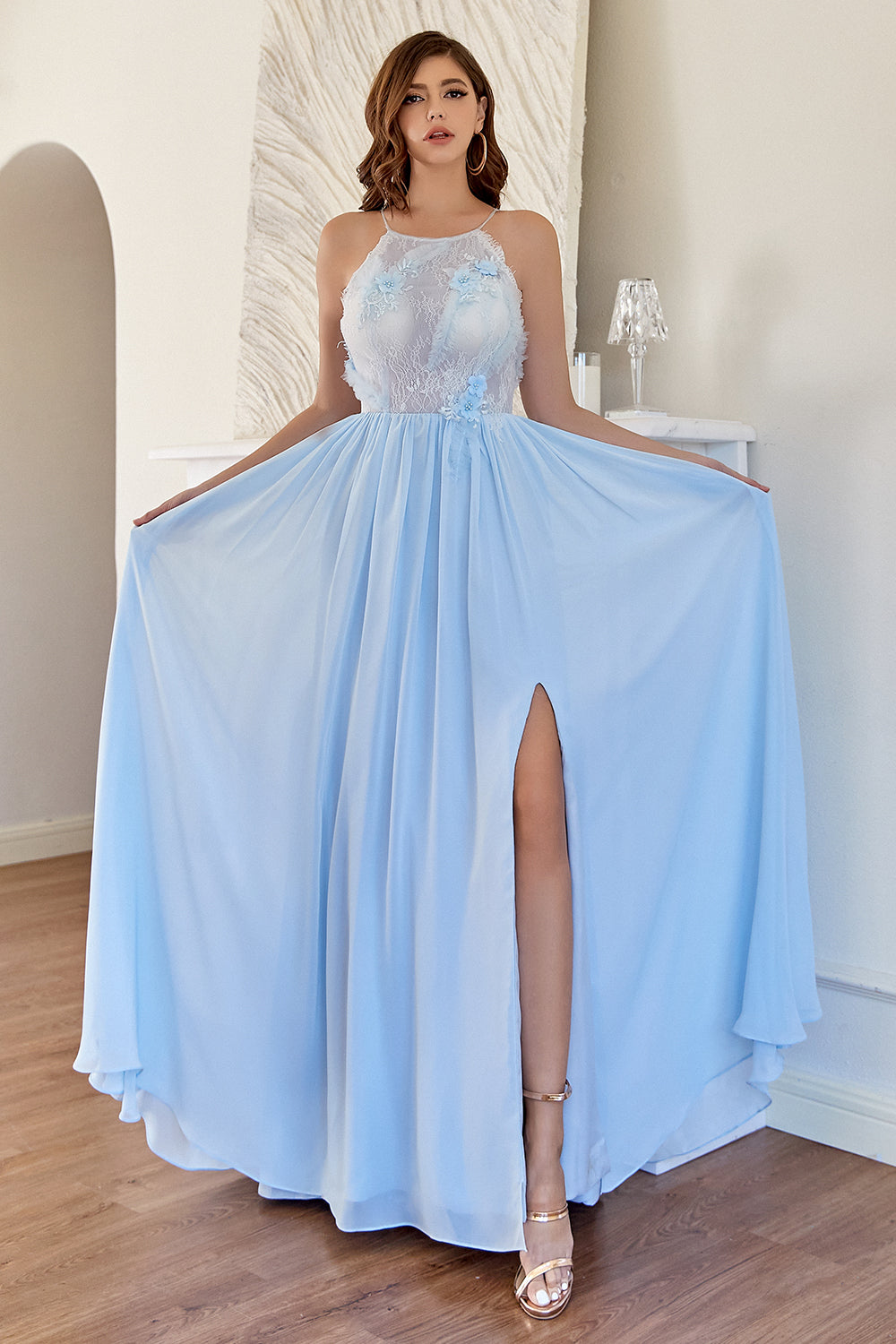 Robe de demoiselle d’honneur bleu clair Halter