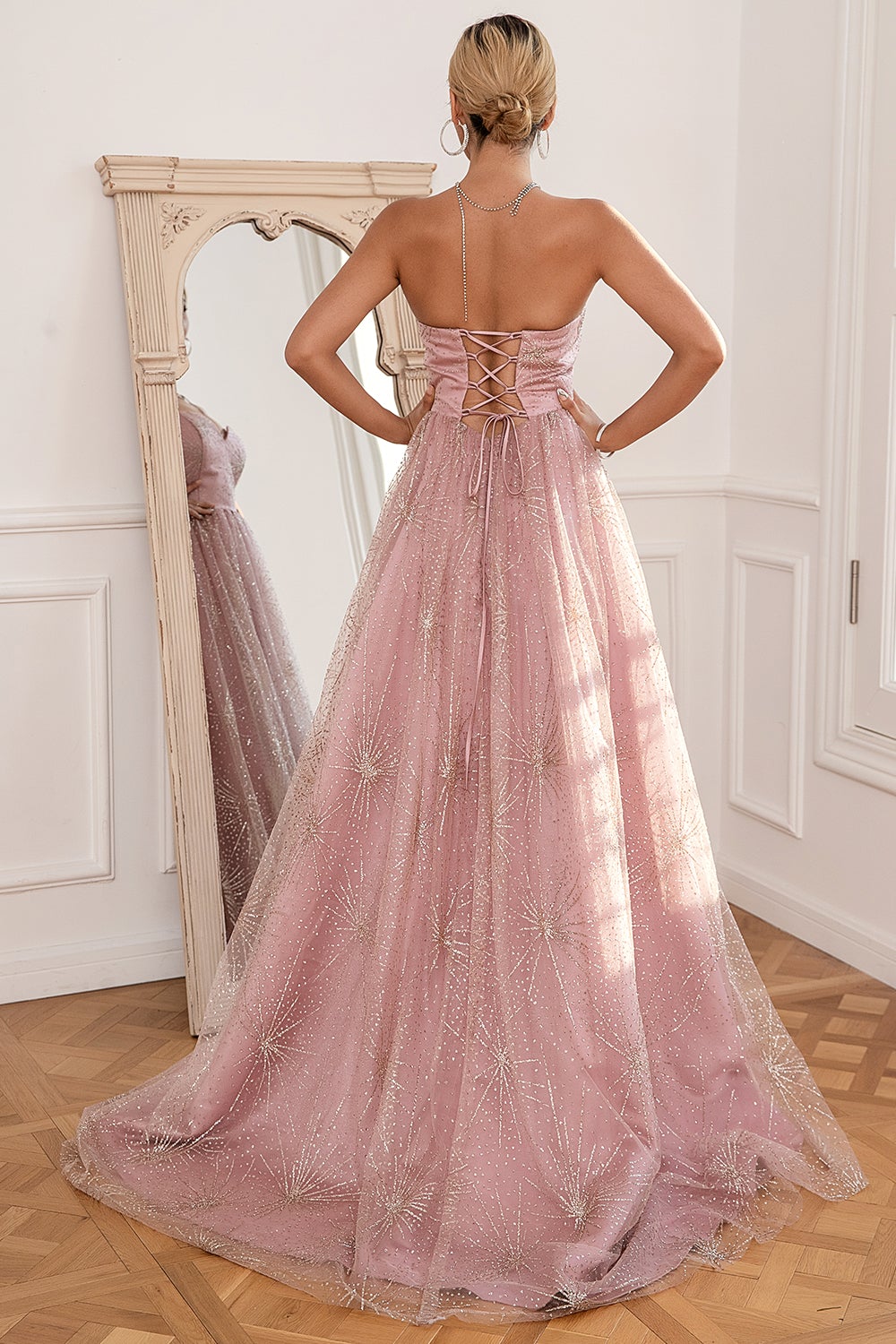 Robe de bal longue Blush à paillettes avec fente