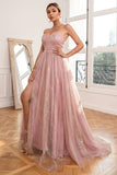 Robe de bal longue Blush à paillettes avec fente
