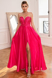 Robe de bal sans bretelles Fuchsia avec fente