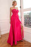 Robe de bal sans bretelles Fuchsia avec fente