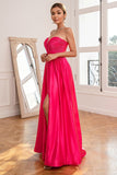 Robe de bal sans bretelles Fuchsia avec fente