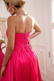Robe de bal sans bretelles Fuchsia avec fente