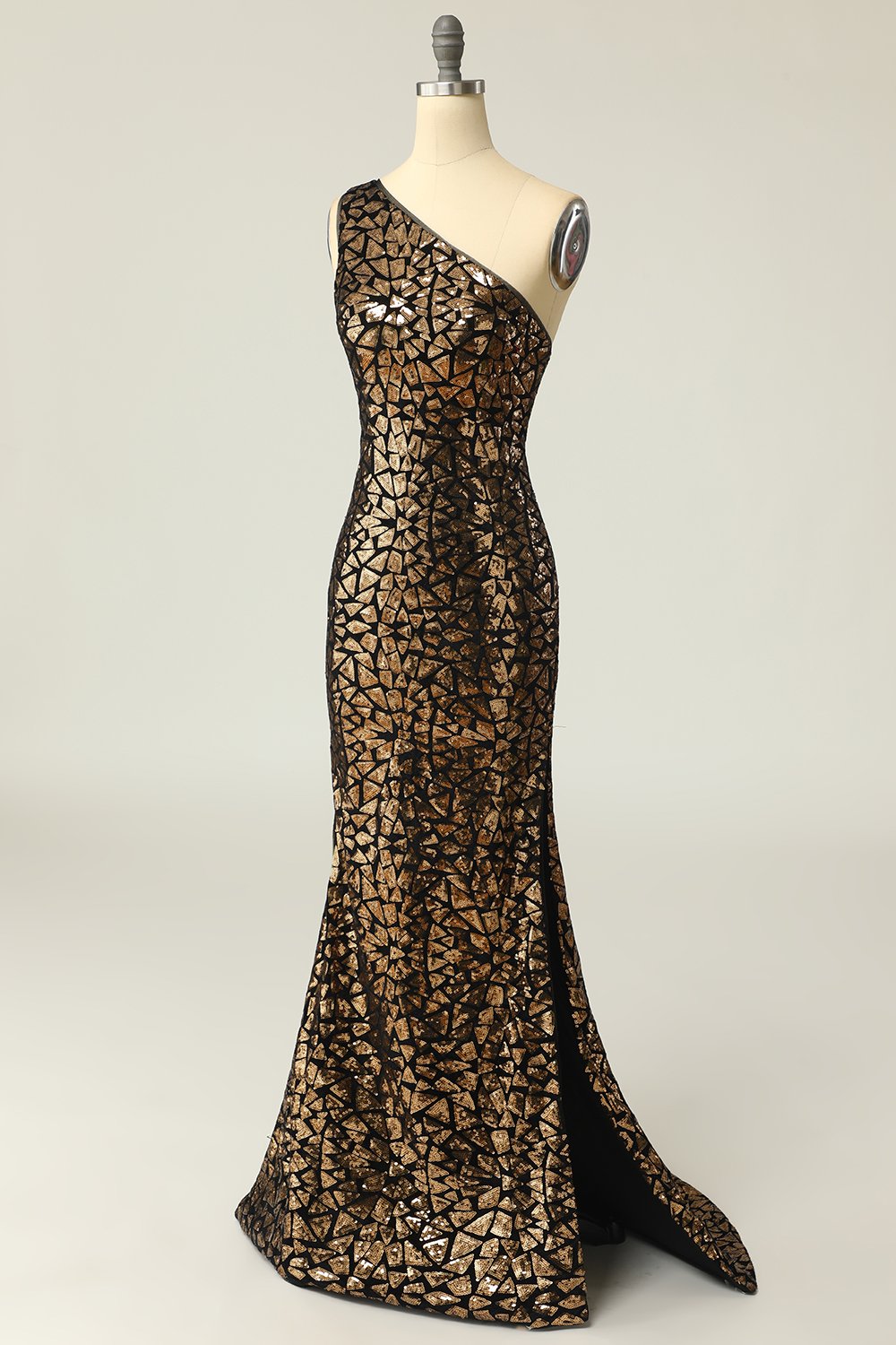Sirène Une Épaule Robe de bal à paillettes en or foncé