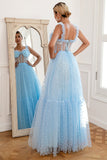 Robe de bal en tulle bleu ciel à pois