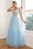 Robe de bal en tulle bleu ciel à pois