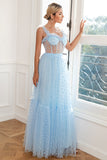 Robe de bal en tulle bleu ciel à pois
