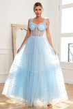 Robe de bal en tulle bleu ciel à pois