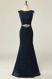 Robe mère fourreau en dentelle marine