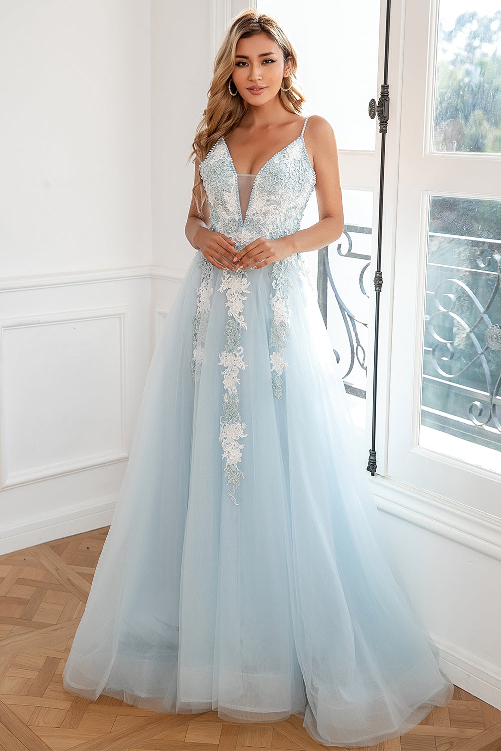 Appliques Bleu Clair Tulle Robe De Bal