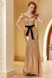 Champagne Pailleté Off Shoulder Robe de soirée